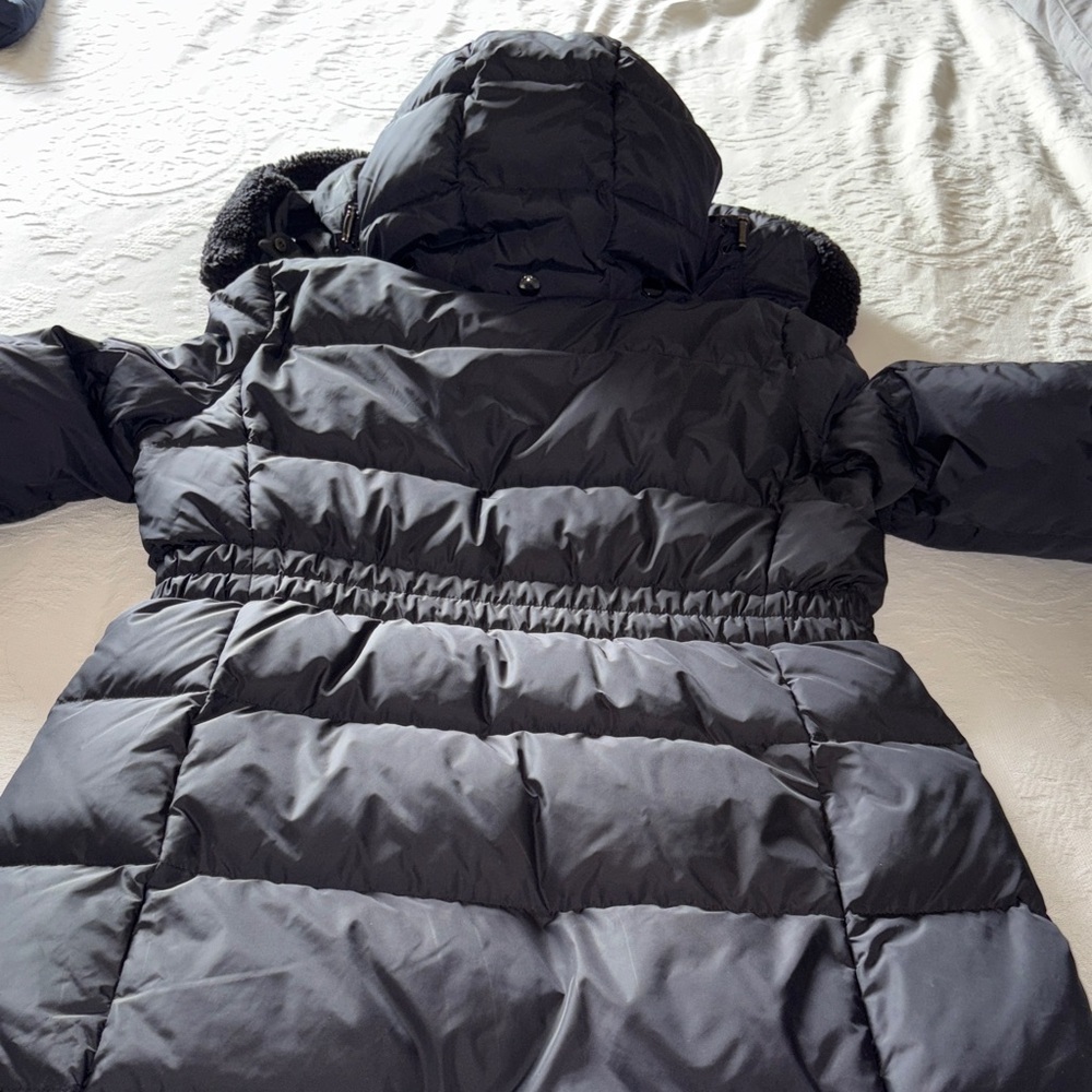 EUC Women's Black Puffer Down Coat trimmed removable hood Waist Defined by Coach - Picture 13 of 15